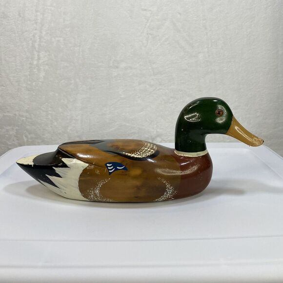 Vintage Hand Carved Painted Wooden Mallard Duck‎ Decoy Home Decor Glass Eyes 14